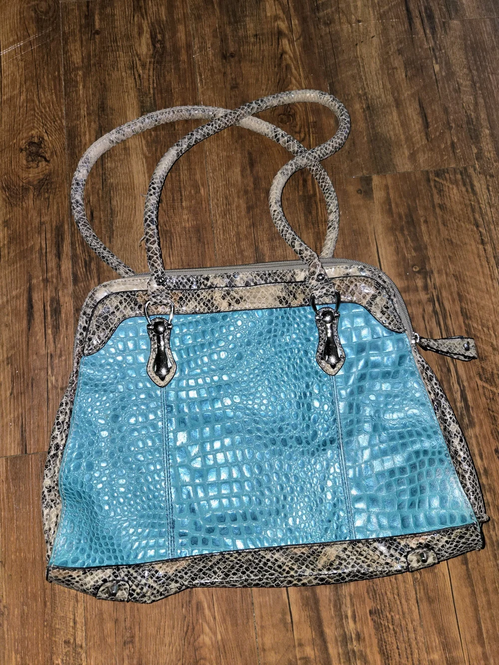 Turquoise Croc-Embossed Tote with Snake-Print Trim